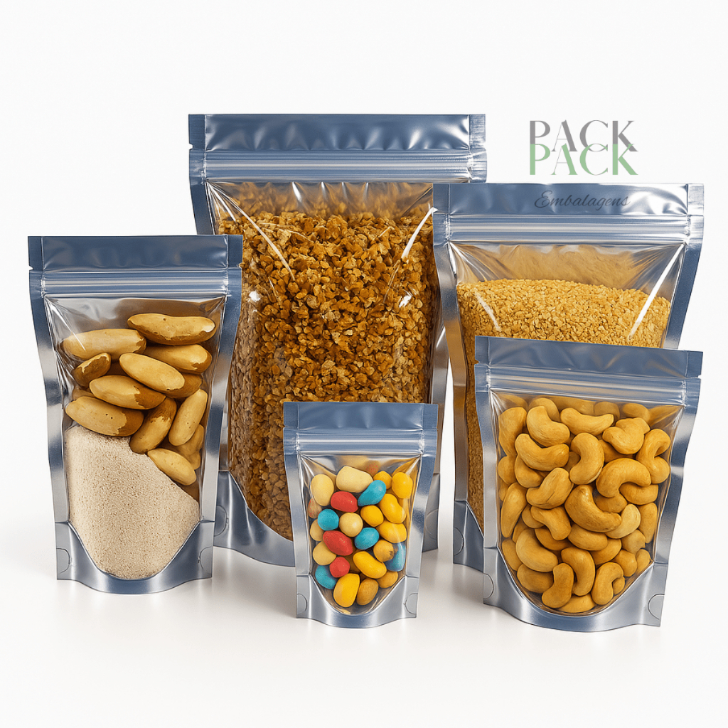 Kit 25 Saco Saquinho Frente transparente Para Alimento Stand Up Pouch Zip Metálico Com Frente Incolor
