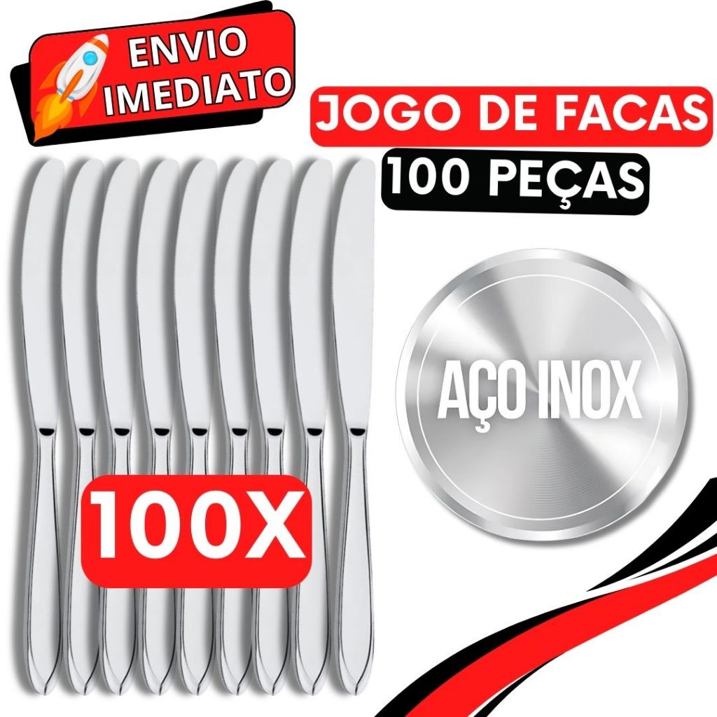 Jogo de Talher 100 Peças Faca de Mesa Inox Premium GRANDE para Casa Cozinha Restaurante Bar Buffet Super Resistente