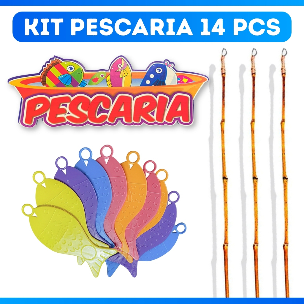 KIT JOGO PESCARIA FESTA JUNINA 3 VARAS + 10 PEIXINHOS + PAINEL PESCA ARRIA CAIPIRA