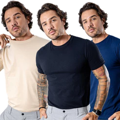 Kit Com 3 Camiseta Masculina Algodão E Elastano Do P ao G1 Gola Redonda Estilosa Confortavel