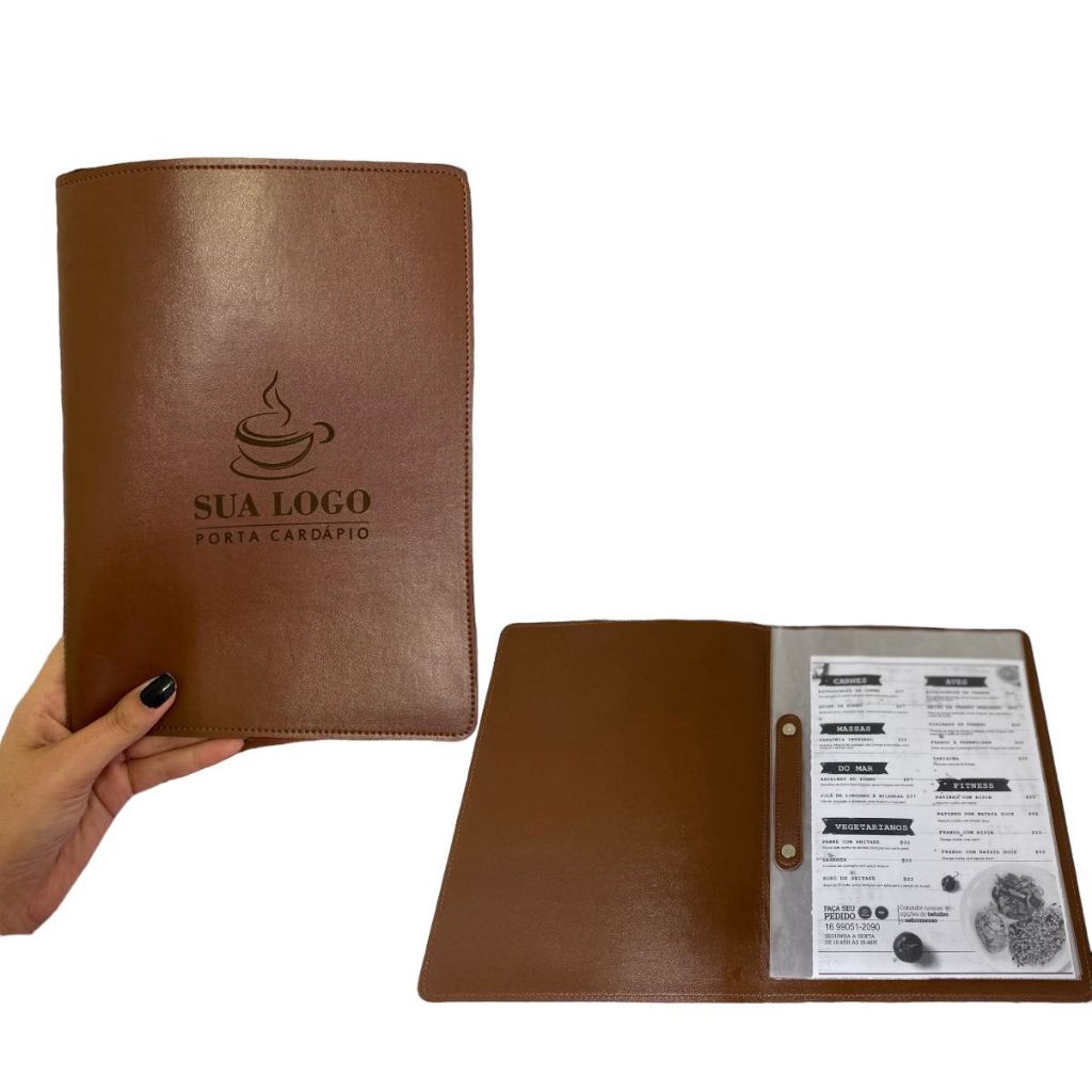 Kit 10 porta cardapios para folha A5 com sua logo gravada a laser
