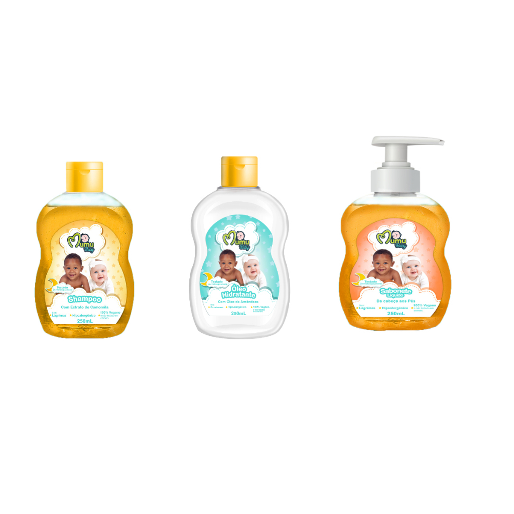 Kit Shampoo 250 ml + Óleo 250ml + Sabonete Da Cabeça aos Pés 250ml Da Mumu Baby