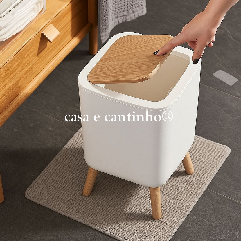Lixeira Resistente 8L Branca Pés de Bambu Tampa Click de Pressão Cozinha Banheiro Escritór...