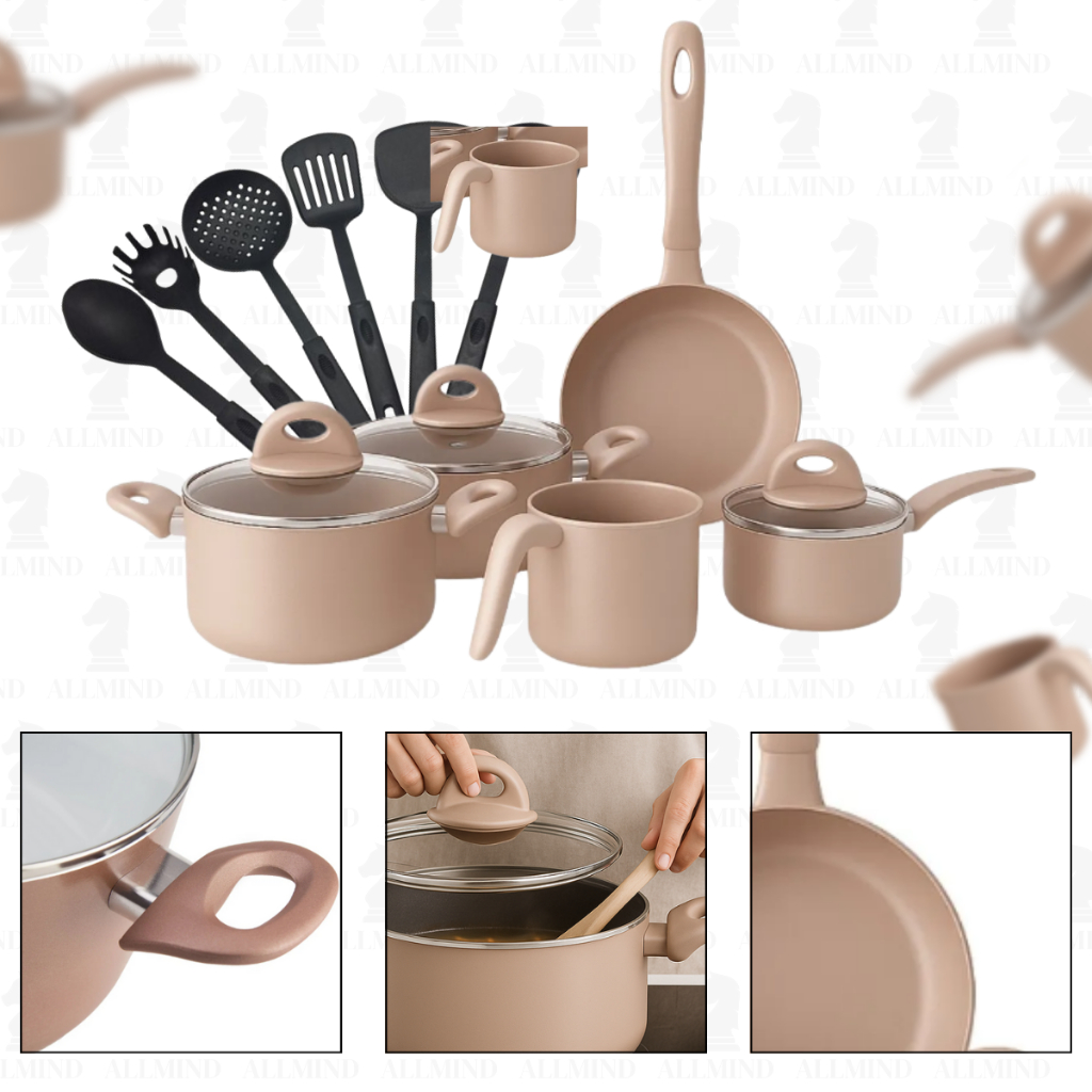 Imagem Jogo de Panela Antiaderente 3 Cores 14 Peças Cerâmicas Tampa de Vidro Panela De Indução Antiaderente