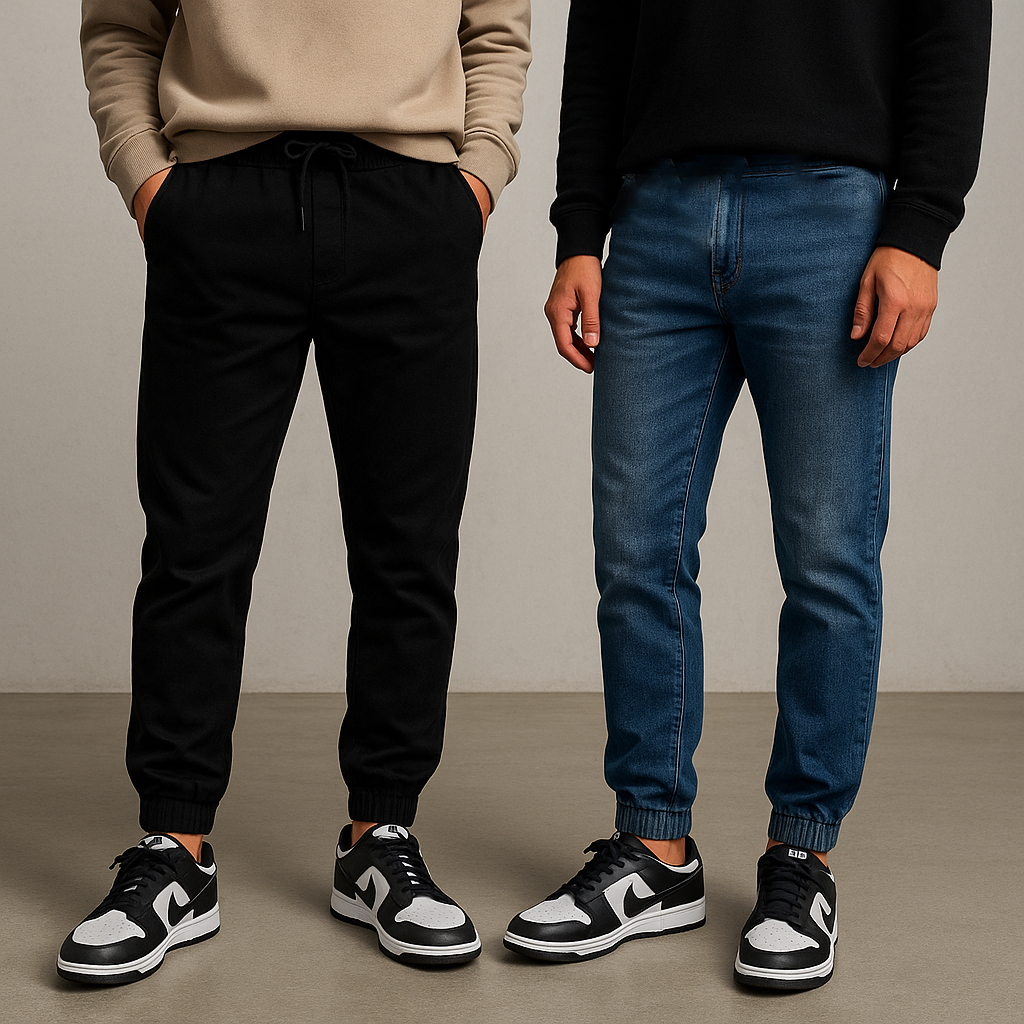 Calça Jogger Masculina Sarja ou jeans 4 bolsos com punho elástico streetwear swag diversas cores em Oferta na Shopee