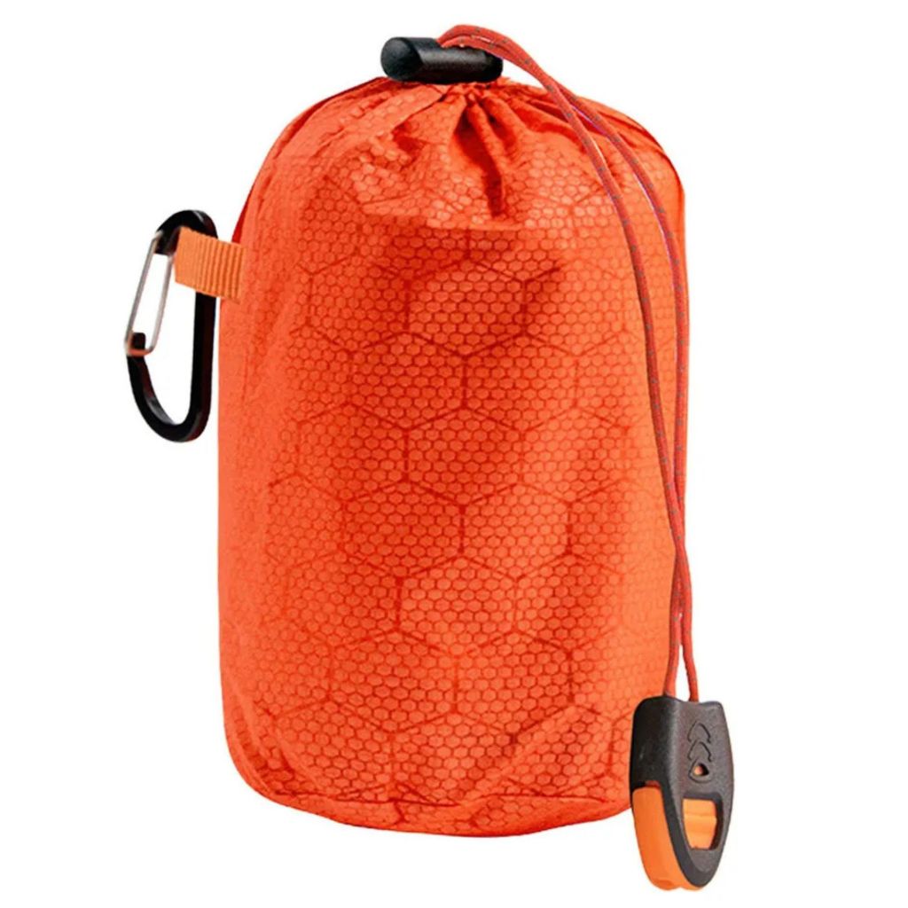 Saco Dormir Emergência Camping Resgate Proteção Térmico Prova Água Apito Resistente Mosquetão Clip Compacto Portátil