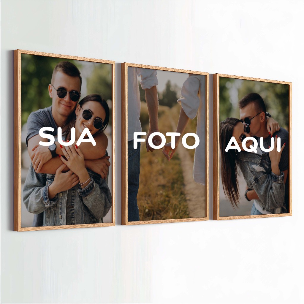 Trio Quadros Personalizado Com Moldura Foto e Vidro Casal Moderno