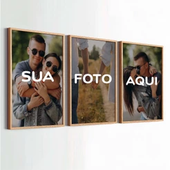 Trio Quadros Personalizado Com Moldura Foto e Vidro Casal Moderno