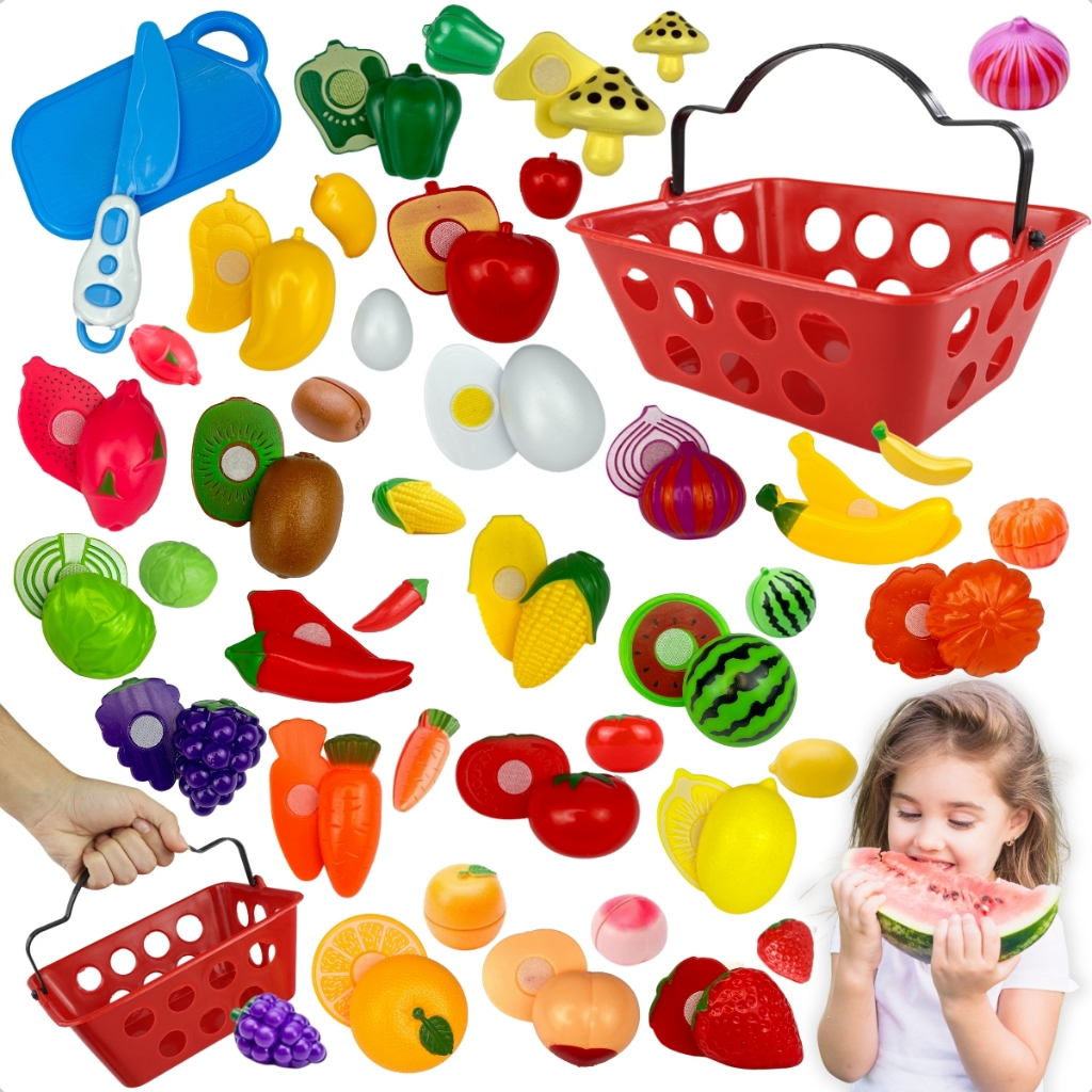Kit Brinquedo Cozinha Infantil  Frutas e Legumes de Corte com Velcr + Cestinha Educativo P...