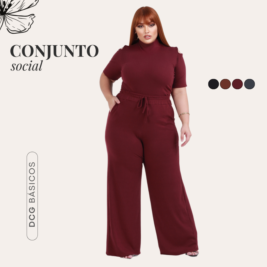 Conjunto Plus Size Calça Pantalona  Wide Leg e Blusa Casual