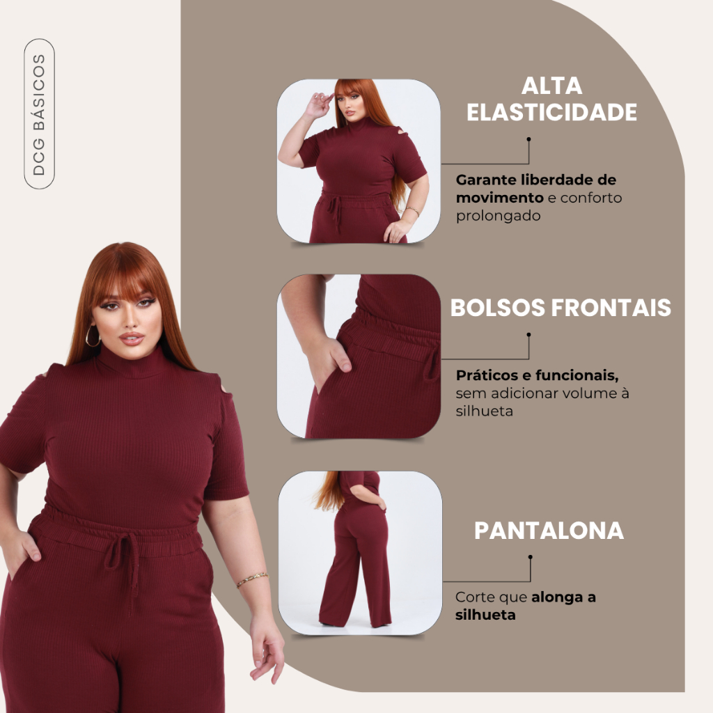 Conjunto Plus Size Calça Pantalona  Wide Leg e Blusa Casual G1 e G2