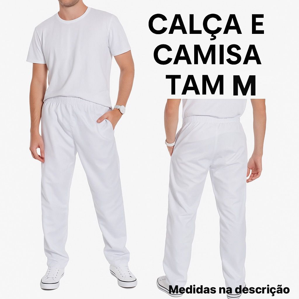 Kit Tam M Calca Tactel  Branca e Camisa Poliester Branca Manga Curta