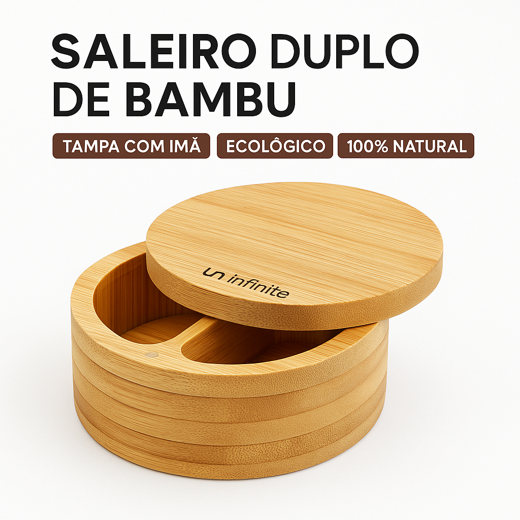 Saleiro 2 Divisórias Porta Sal de Bambu Com Tampa Magnética