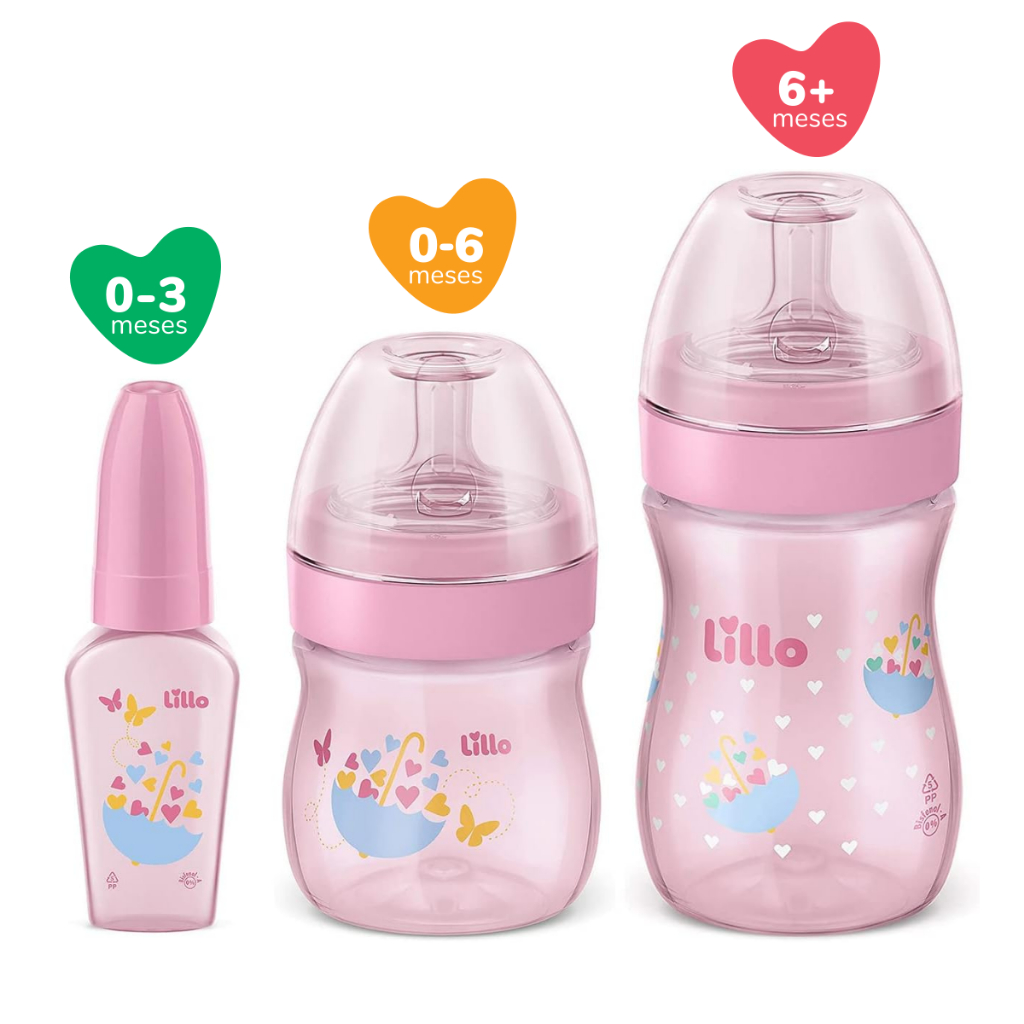 Kit de Mamadeiras com Chuquinha Menina Antivazamento Bico Redondo Primeiros Passos 50/150/240ml Rosa