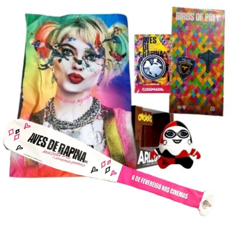 kit Ecobag boneco moeda pin arlequina aves de rapina ccxp cinemark batman omelete box nerd geek