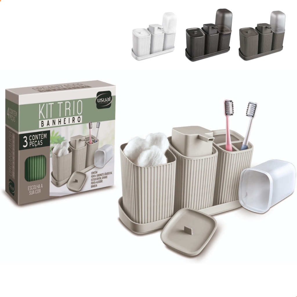 Kit 3 Acessórios Banheiro com Bandeja Dispenser Sabonete Líquido e Porta Escovas Algodão
