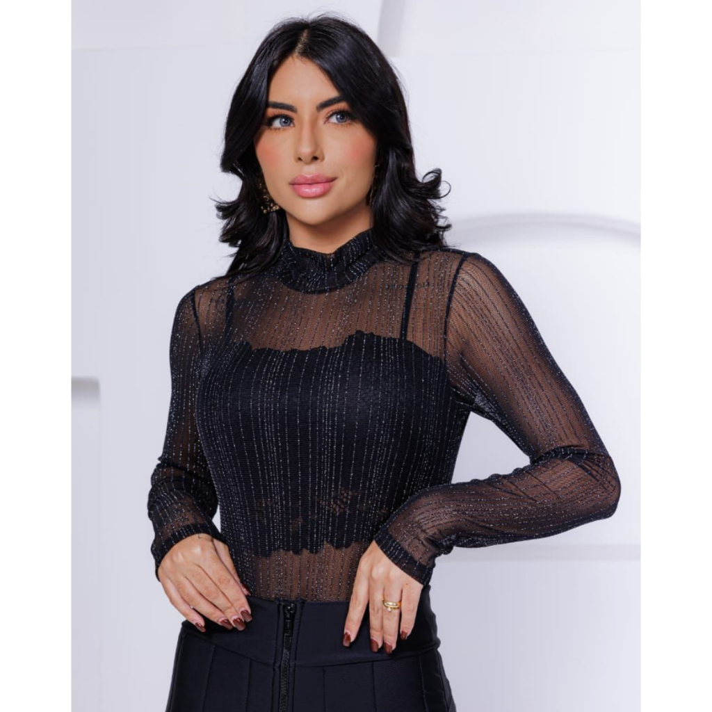 Body de Tule Feminino Preto Com Fio de Lurex Brilhante Listrado Manga Longa Gola Alta Moda Festa