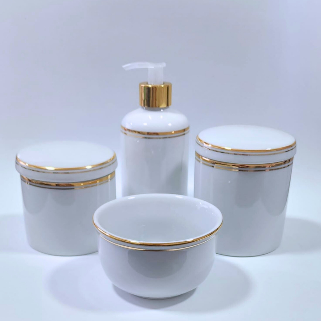 Kit Higiene Bebê Porcelana 2 Filetes Ouro Decoração Quarto Bebê Luxo Organizador