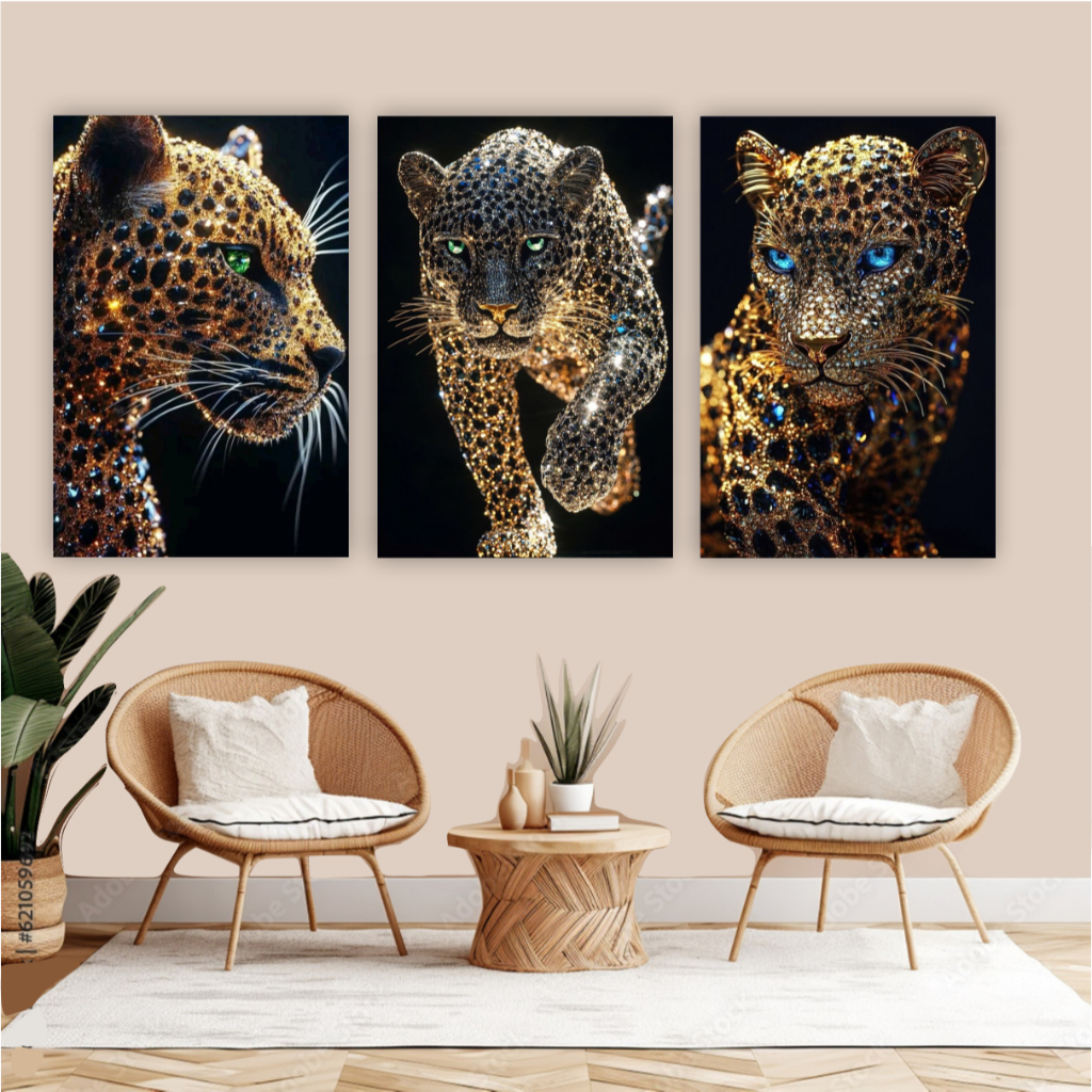 Quadro decorativo 3 peças onça leopardo de cristal decoração para sala quarto estúdio studio