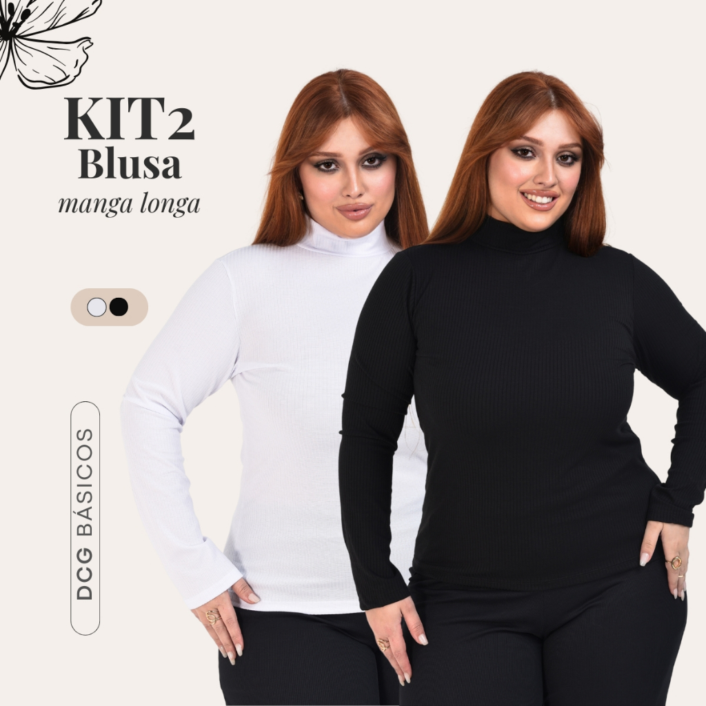 Kit C/2 Blusas Femininas Cacharrel Manga Longa Gola Alta Plus Size G1 ao G3 Dia dos Namora...