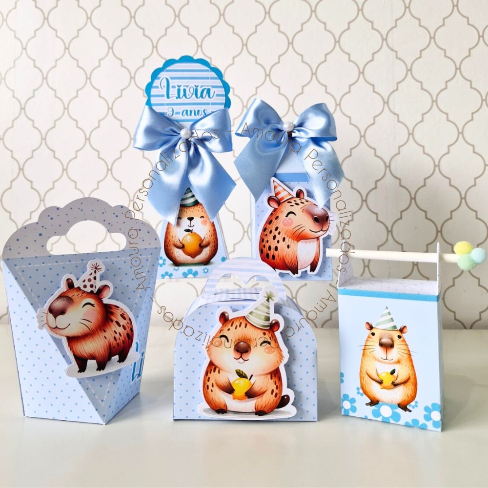 KIT DE CAIXAS PERSONALIZADAS PARA LEMBRANCINHAS CAPIVARA AZUL | CAIXINHA  FESTA INFANTIL ANIVERSARIO