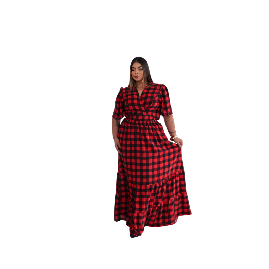 Conjunto Saia Longa E Blusa Cropped Xadrez Plus Size Moda São João Festa Junina tam. 50 a 58