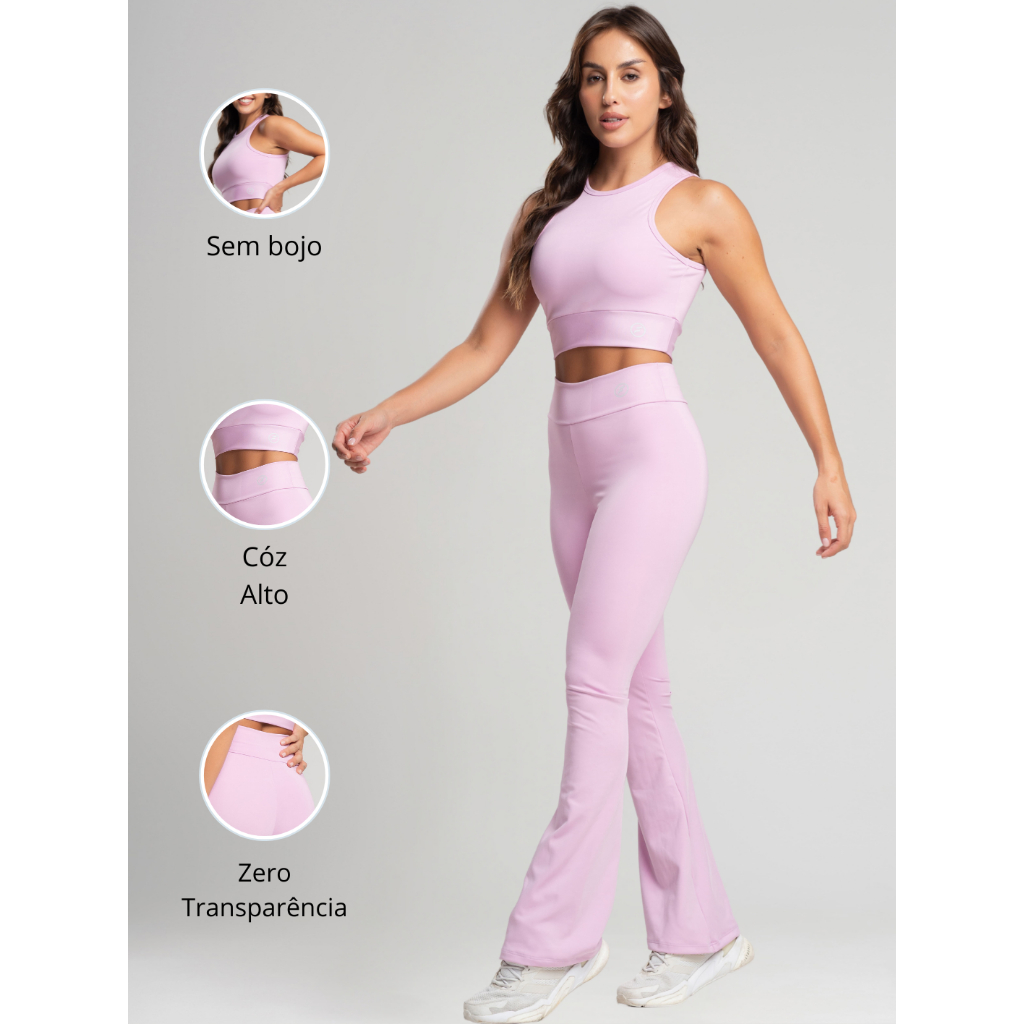 Conjunto Fitness Bailarina Academia Top Regata Legging Flare Suplex Zero Transparência Fem...