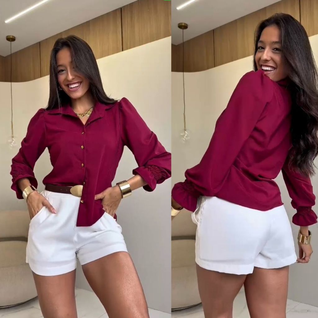 Camisa Social Feminina Com Botão Manga de Princesa Evangélica