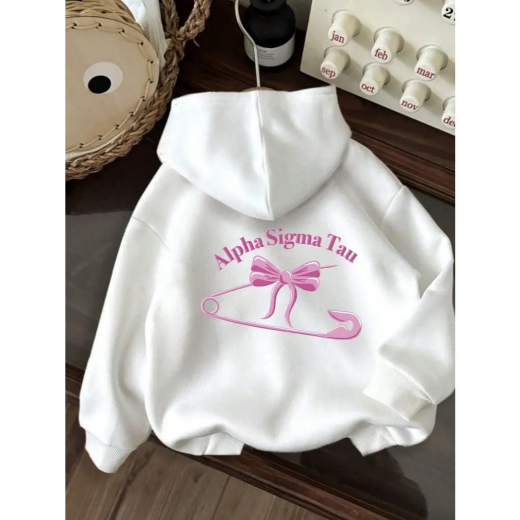 Moletom ``Alpha Sigma Tau´´ - Moletom casual com design de laço rosa, capuz com cordão, uso para todas as estações, Mole