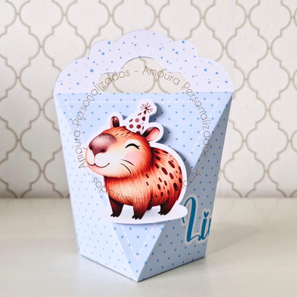 CAIXA TRIANGULOVE PERSONALIZADA PARA LEMBRANCINHAS CAPIVARA AZUL CAIXINHA FESTA INFANTIL ANIVERSARIO