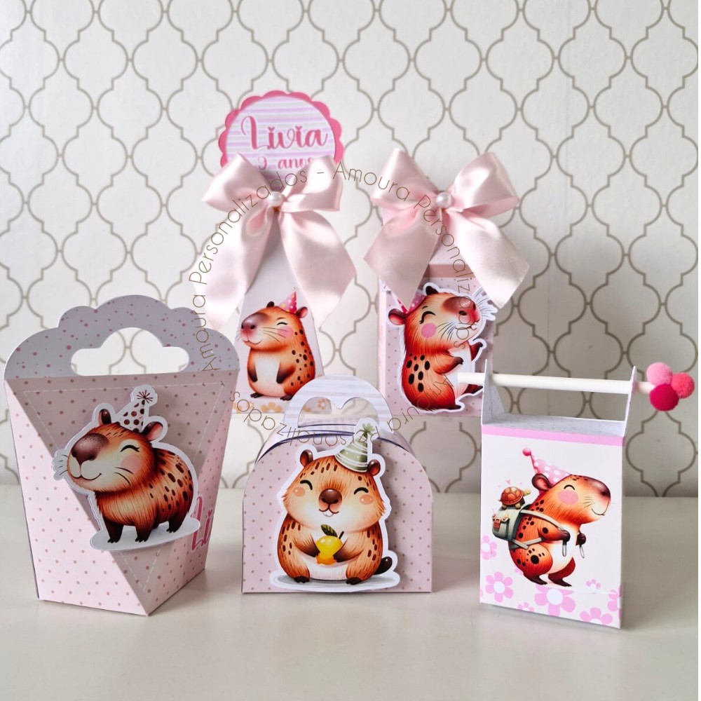 KIT DE CAIXAS PERSONALIZADAS PARA LEMBRANCINHAS CAPIVARA ROSA | CAIXINHA| FESTA INFANTIL ANIVERSARIO