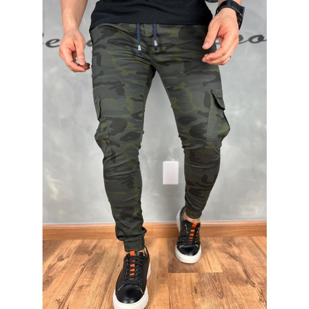 Calça Jogger Cargo Masculina Camuflada Com Lycra Tecido Premium