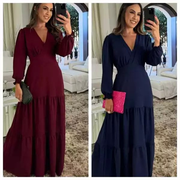 vertido longo feminino decote V manga bufante para casamento y formatura