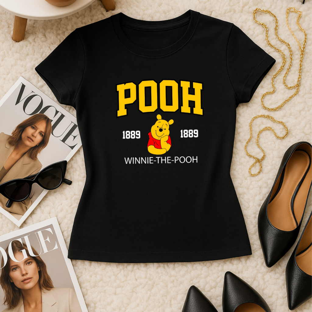 Camiseta Baby Look T- shirt Blusa Feminina Ursinho Pooh Estilo Blogueirinha  Manga Curta Tecido Algodão
