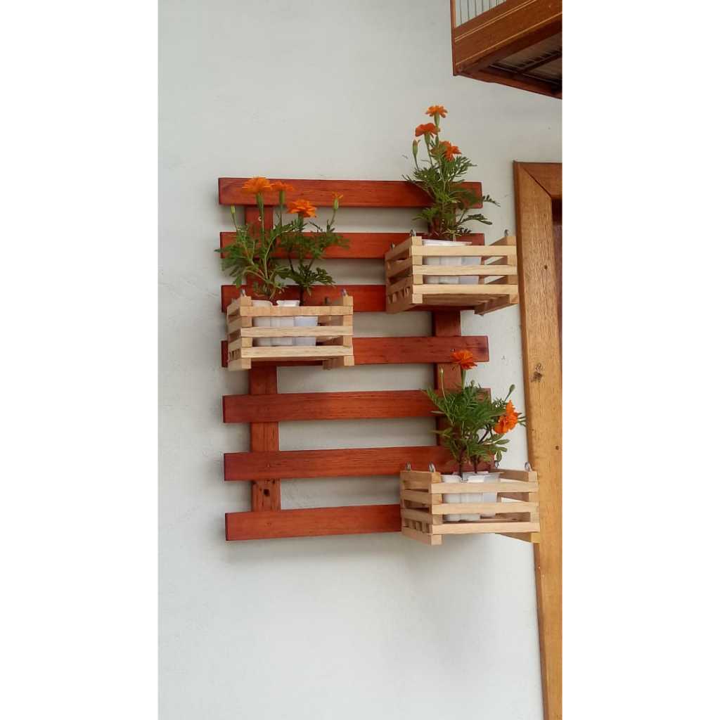 Cachepo De Madeira Rústica C/ Ganchos L Kit C/ 5 Un - 13x13cm