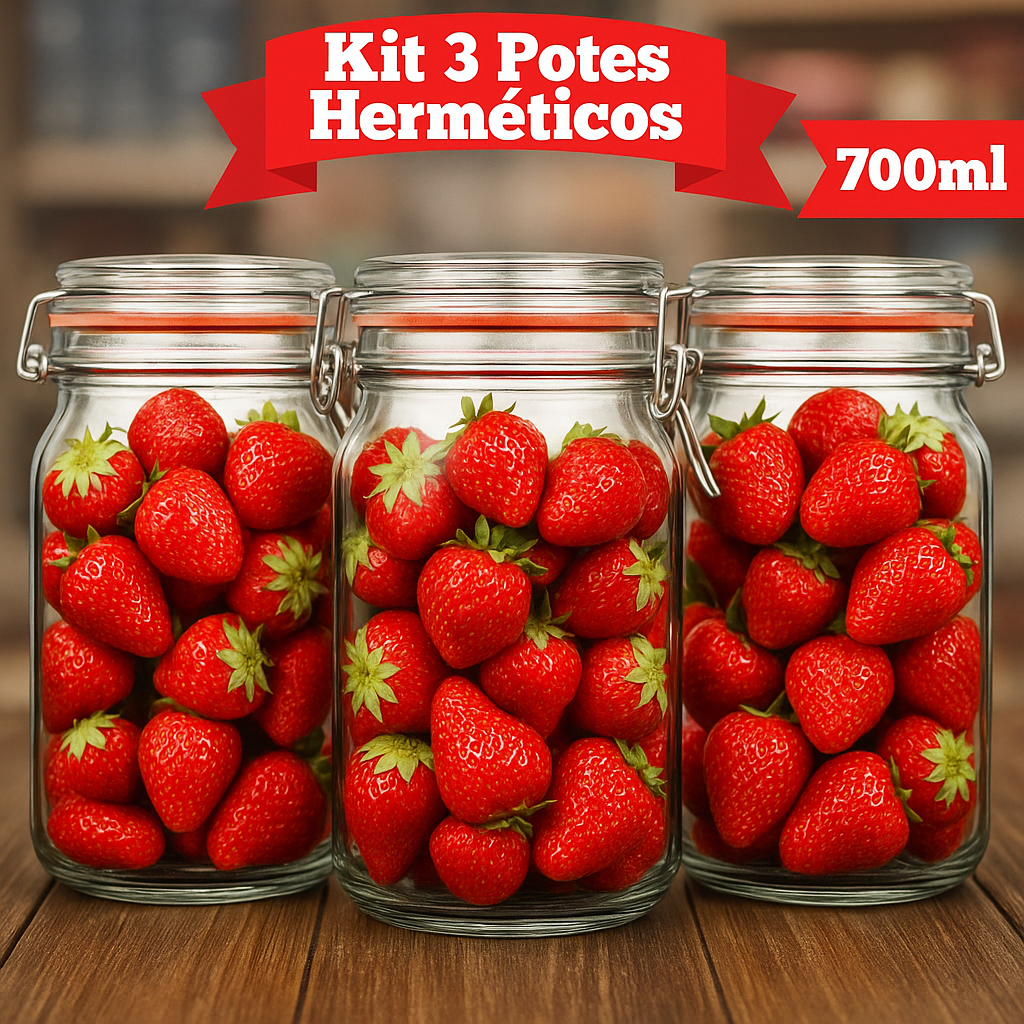 Kit 3 Potes Hermetico De Vidro Tampa Com Vedação Para Alimentos 700ml Frutas Café Açúcar C...