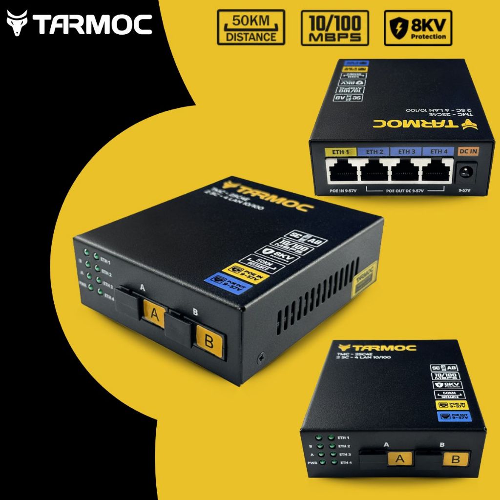 CONVERSOR DE MÍDIA FIBRA ÓPTICA TARMOC TMC-2SC4E-AB-V1-IO 4 PORTAS RJ-45 10/100Mbps SC 50KM