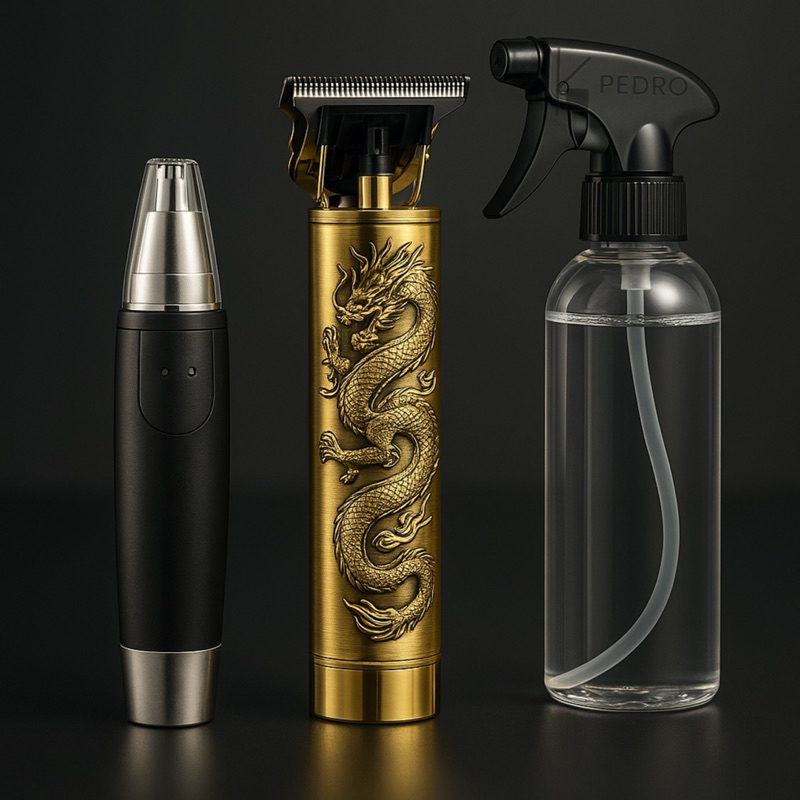 Kit Barbeiro Premium 3 em 1 – Máquina de Corte Dragão + Aparador Nasal + Borrifador
