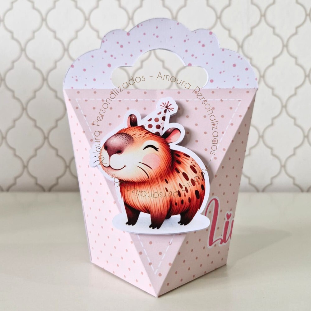 CAIXA TRIANGULOVE PERSONALIZADA PARA LEMBRANCINHAS CAPIVARA ROSA CAIXINHA FESTA INFANTIL ANIVERSARIO