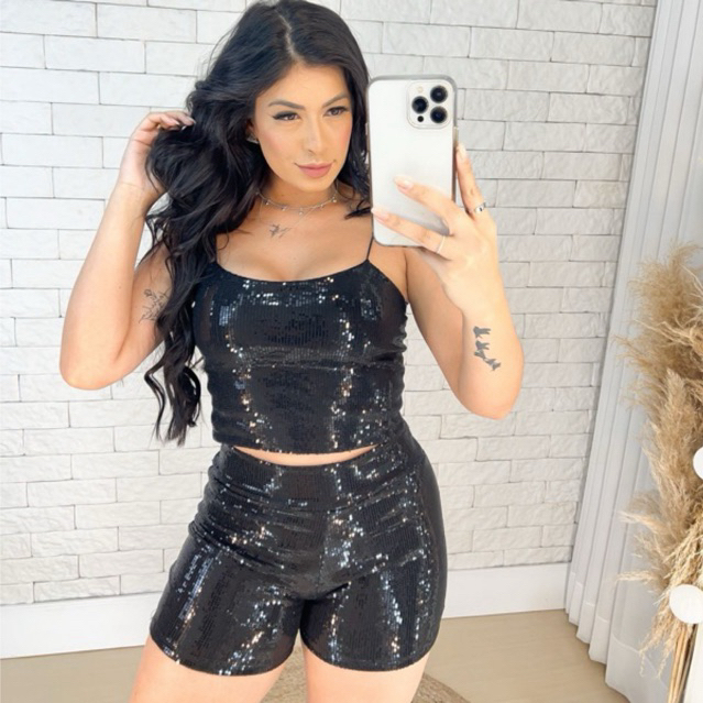 Conjunto Short Paetê Balada Feminino Brilho Preto