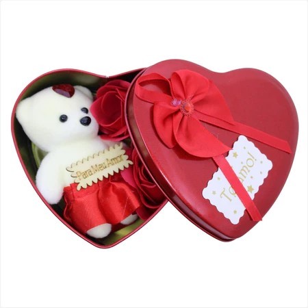 Caixa Coração de metal Com Ursinho e Rosas presente namorada esposa amiga mãe em Oferta na Shopee