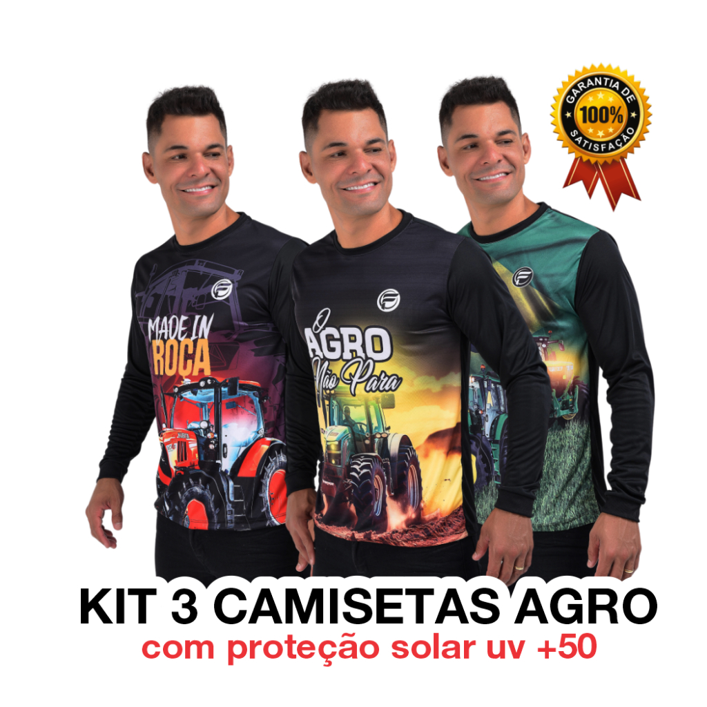 Kit 3 Camisa Camiseta do Agro Masculina UV Agropecuária Fazenda Bruto Trator Agricultura Brasil