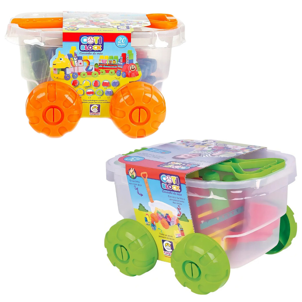 Carrinho de Puxar Com Blocos De Montar Didático Cotiblock Laranja e Verde