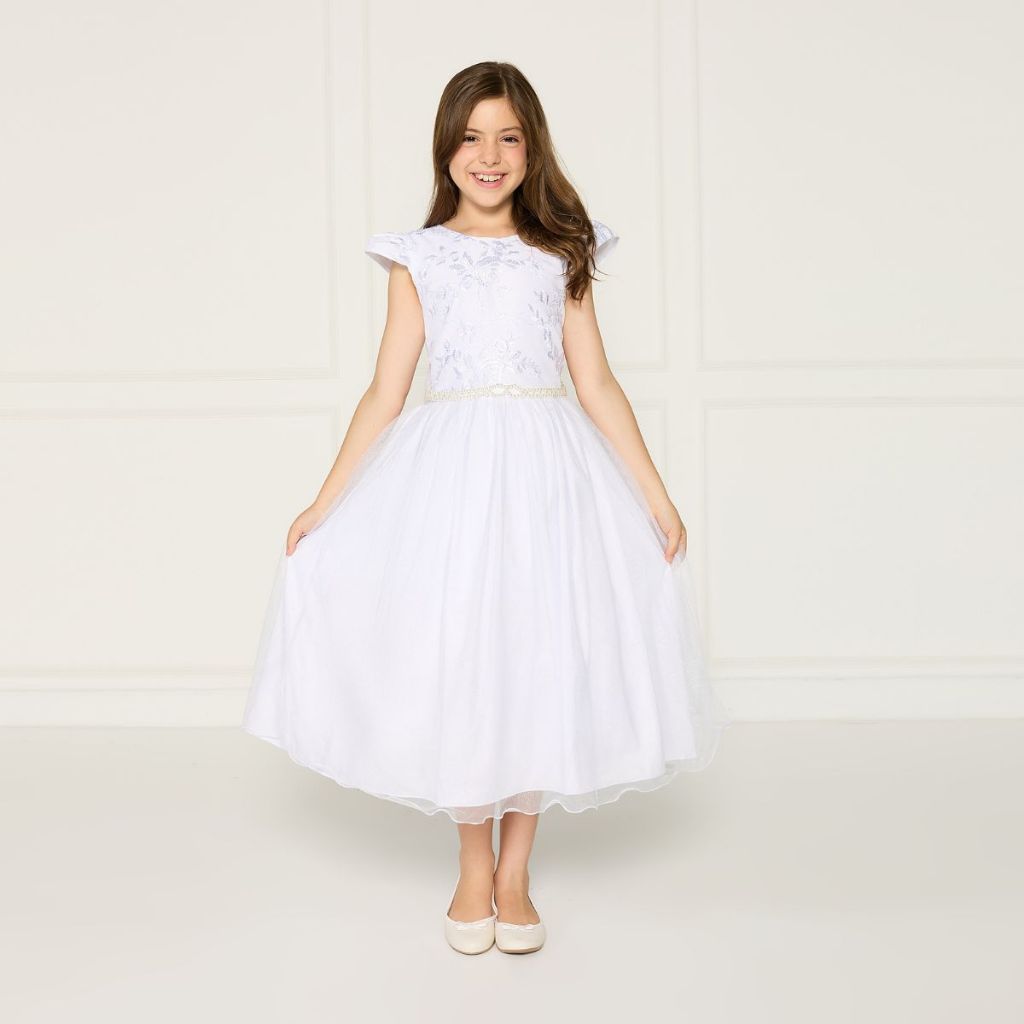 Vestido Infantil Renda Branca Glitter Longo Festa Aniversário Top