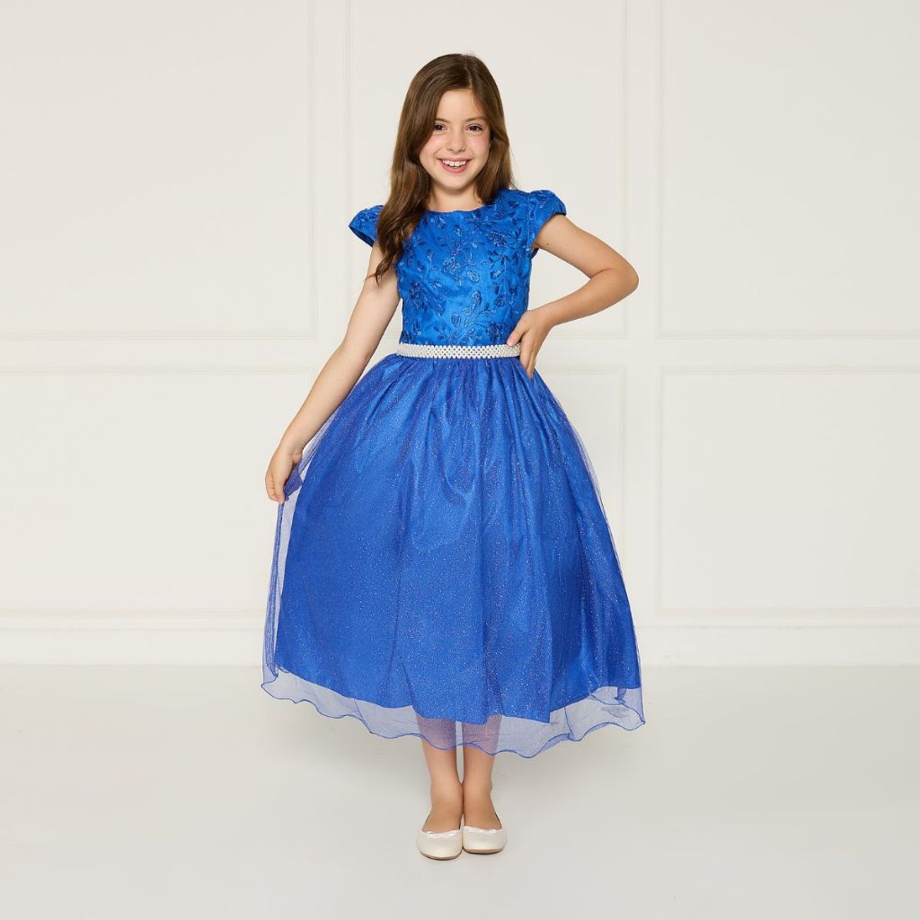 Vestido Infantil Azul Royal Glitter Renda Longo Casamento De Luxo Rodado