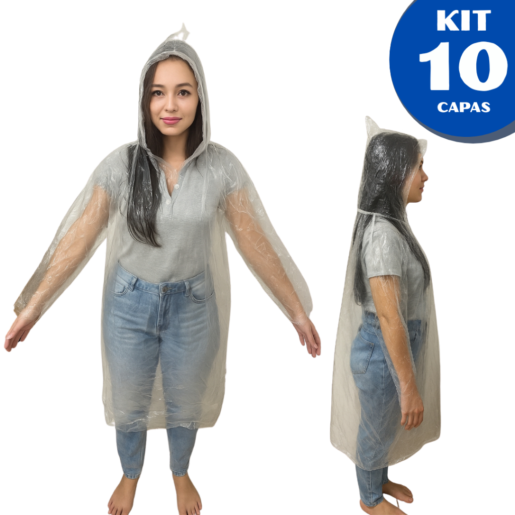 Kit Com 10 Capa Chuva Transparente Com Capuz Adulto Plástico Unissex Descartável Proteção Incolor