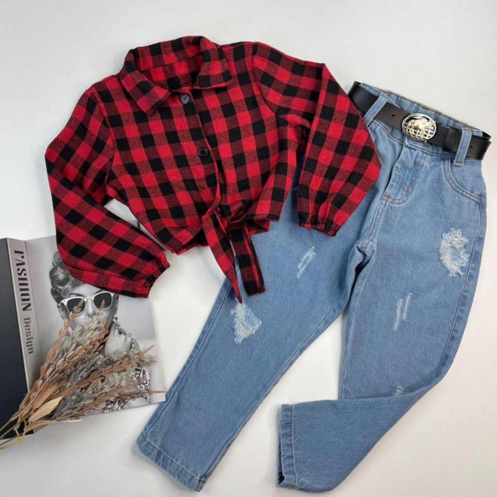 Roupa Infantil Conjunto Country Camisa Xadrez Calça E Cinto