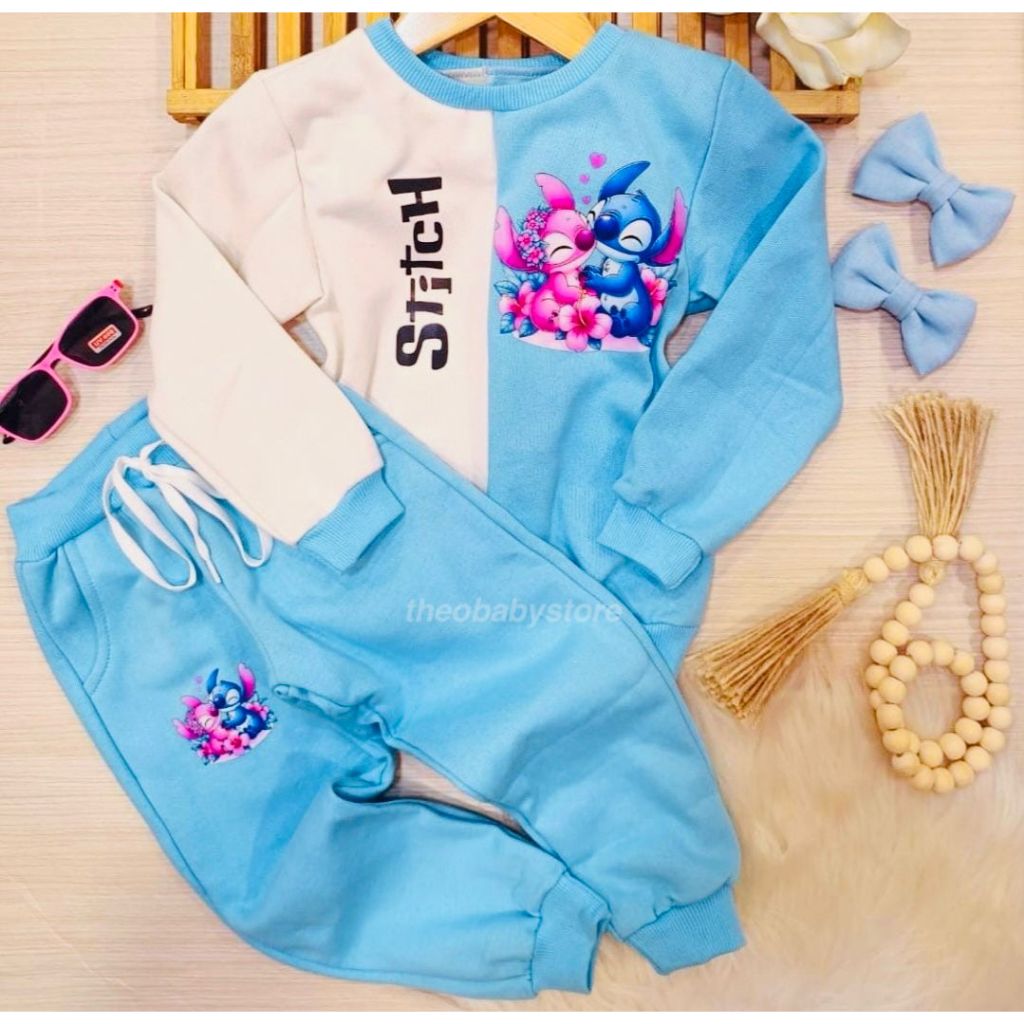 Kit Conjunto Infantil Stitch Blusa + Calça Moletom Inverno Personagem Filme Frio Menina Blogueirinha 4 A 10 Anos Angel