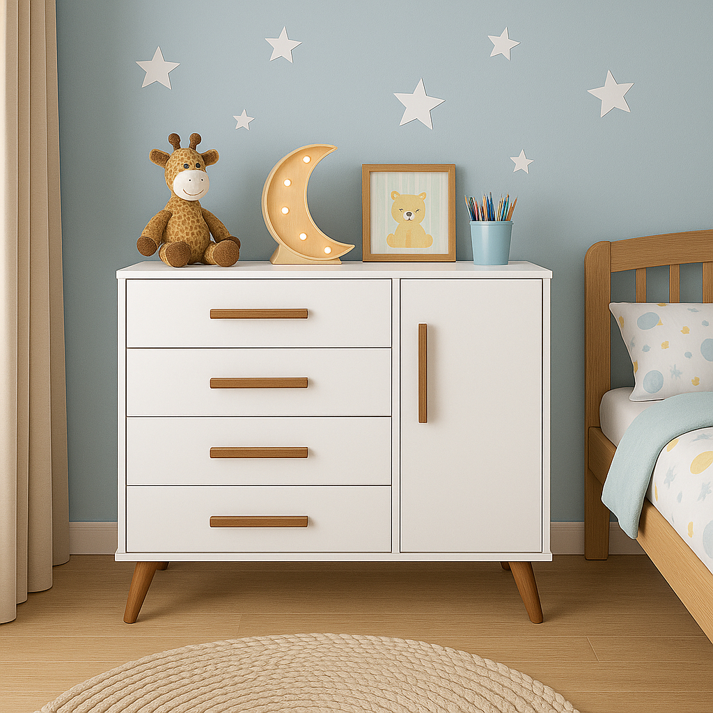 Cômoda Retrô Sapateira Infantil com 4 Gavetas e 1 Porta