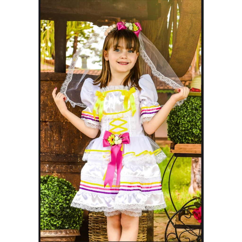 Vestido Noivinha Infantil festa junina Fantasia noiva junina Vestido e tiara
